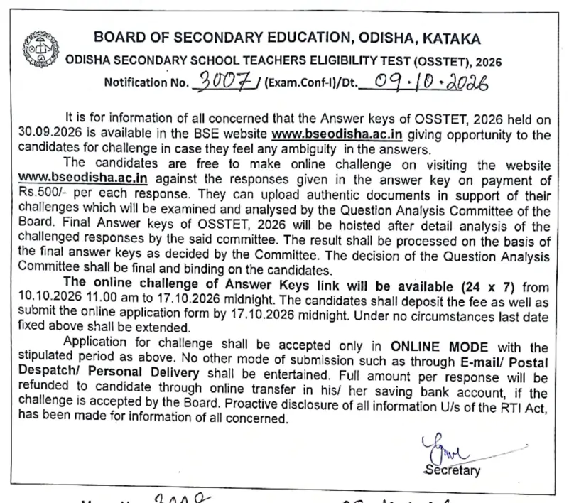 OSSTET Answer Key 2026 Out at bseodisha.nic.in, Download Paper 1 and 2 Response Sheet_3.1