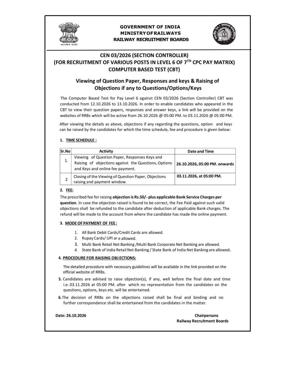 RRB Section Controller Answer Key Out, Download CEN 03/2026 Response Sheet PDF_3.1
