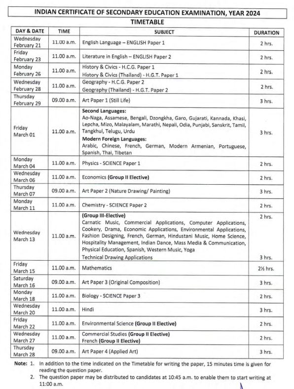 ICSE Date Sheet 2024 Class 10