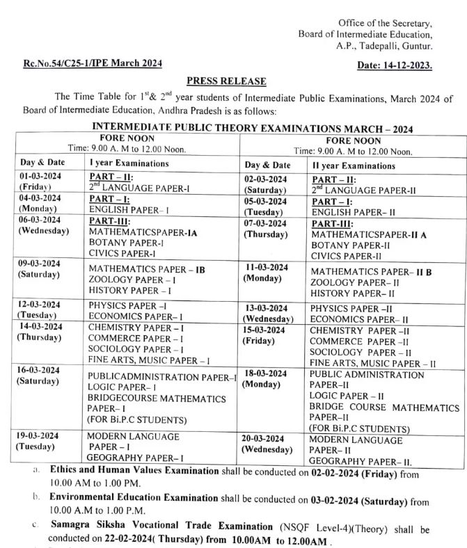 AP Inter Exam Date 2024 Out Check AP 1st 2nd Year Time Table 2024