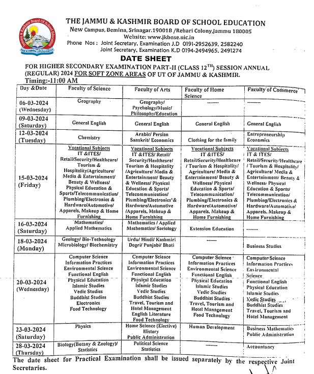 JKBOSE Class 12 Date Sheet 2024 Out, Check Exam Date Soft & Hard Zone_3.1