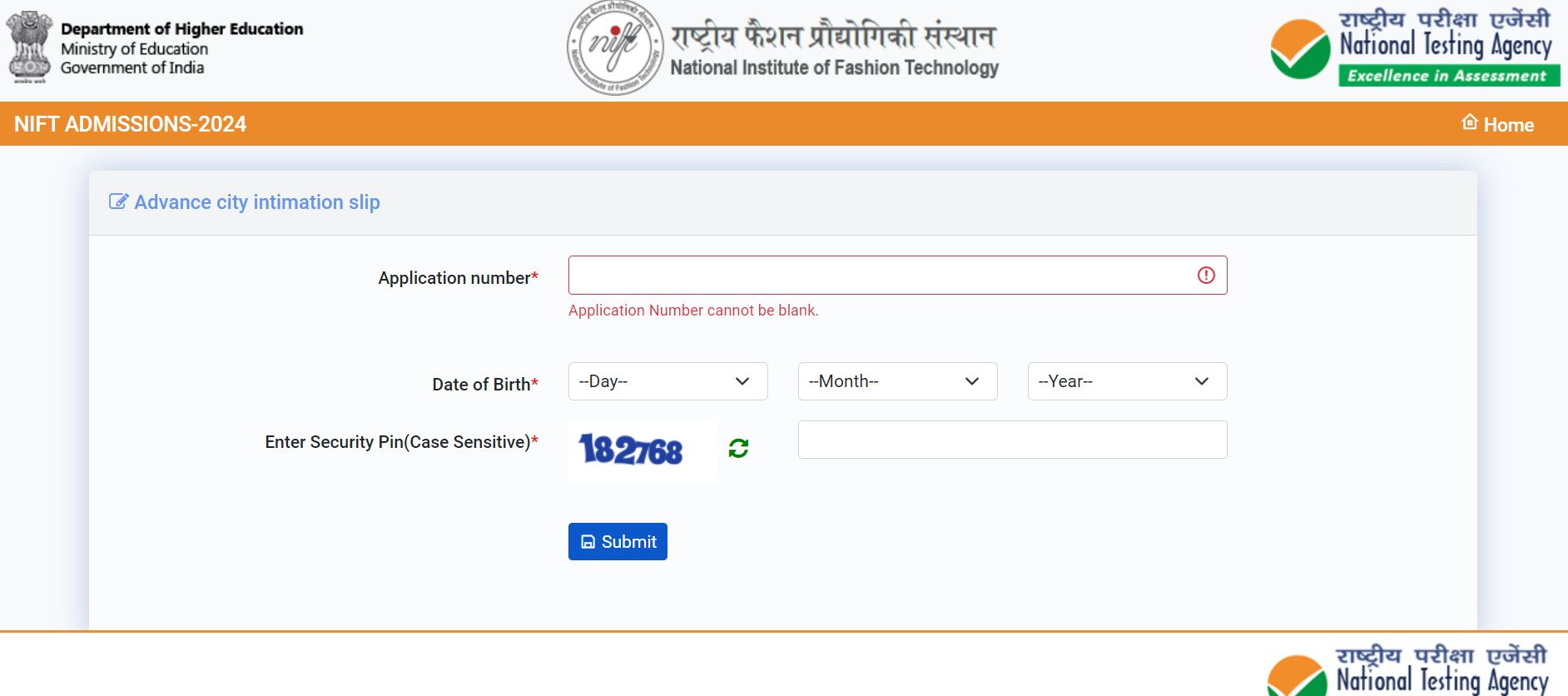NIFT City Intimation Slip