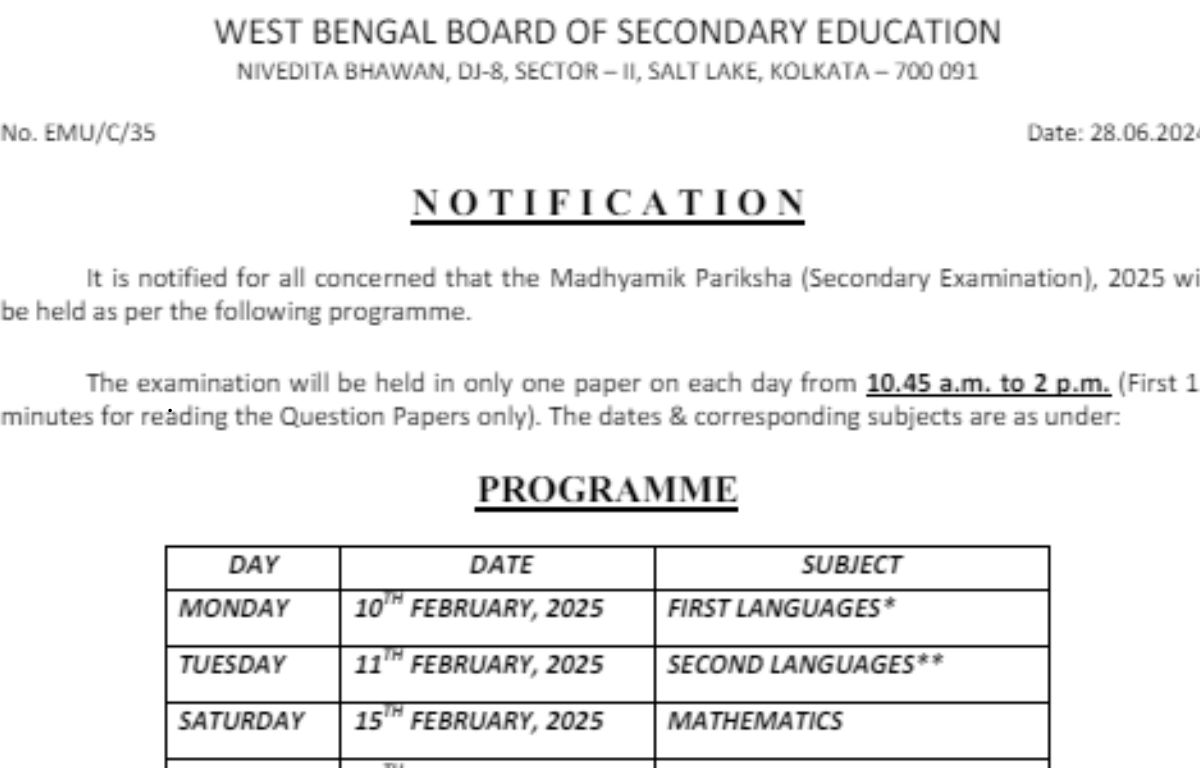 WB Madhyamik Routine 2025