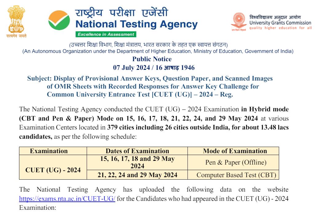NTA CUET UG Answer Key 2024