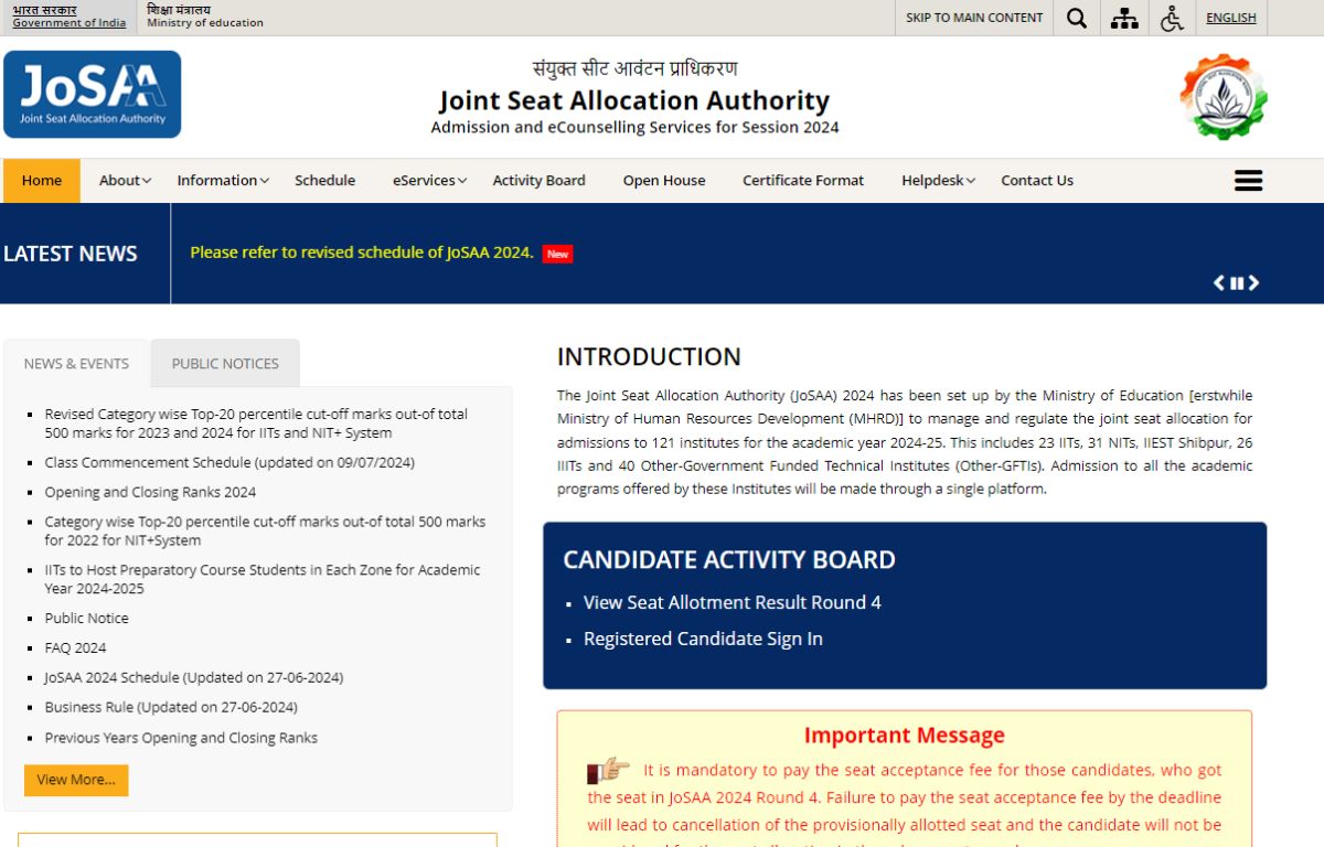 JoSAA Round 4 Seat Allotment Result 2024