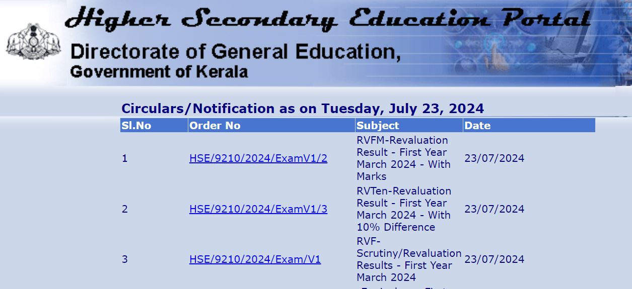 DHSE Kerala Plus One Revaluation Result 2024