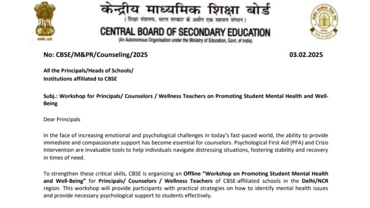 CBSE Board to Organize Student Mental Health Workshop on February 12