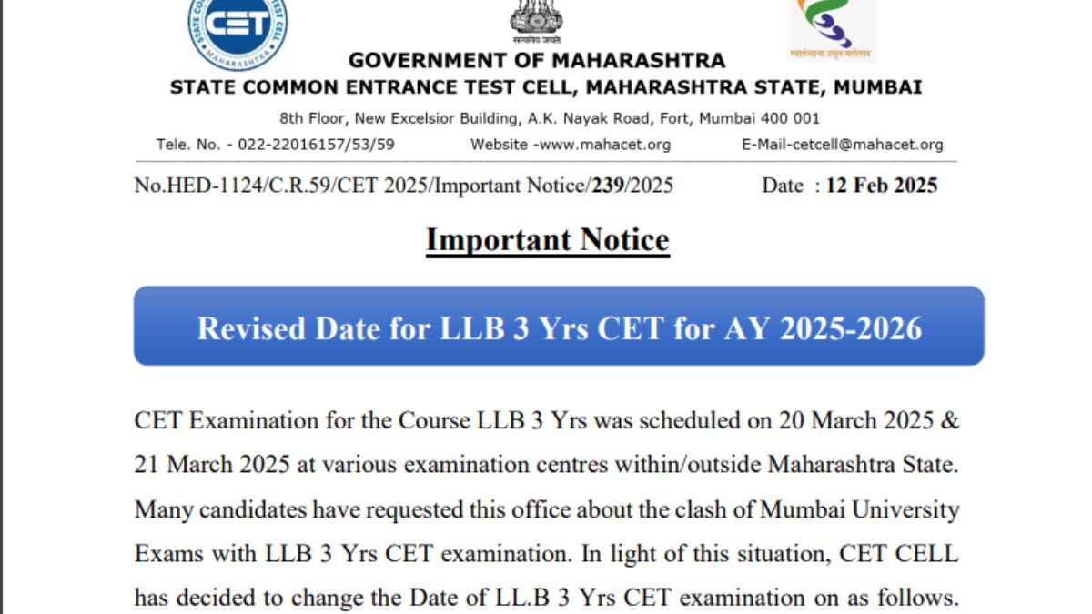 MAH LLB 3 Years CET 2025 Exam Date Revised