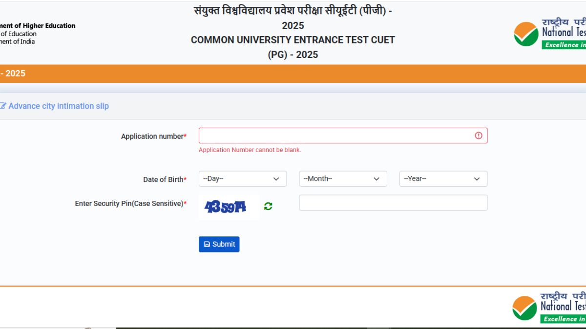 CUET PG City Intimation Slip 2025