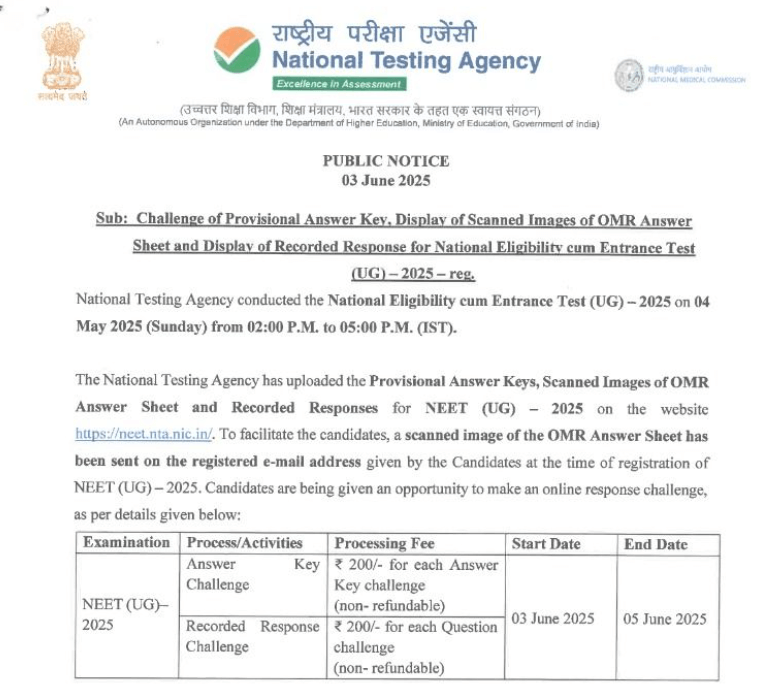 Breaking! NTA Releases NEET UG Response Sheet 2025 @neet.nta.nic.in, Objection Window Open Till June 05_3.1