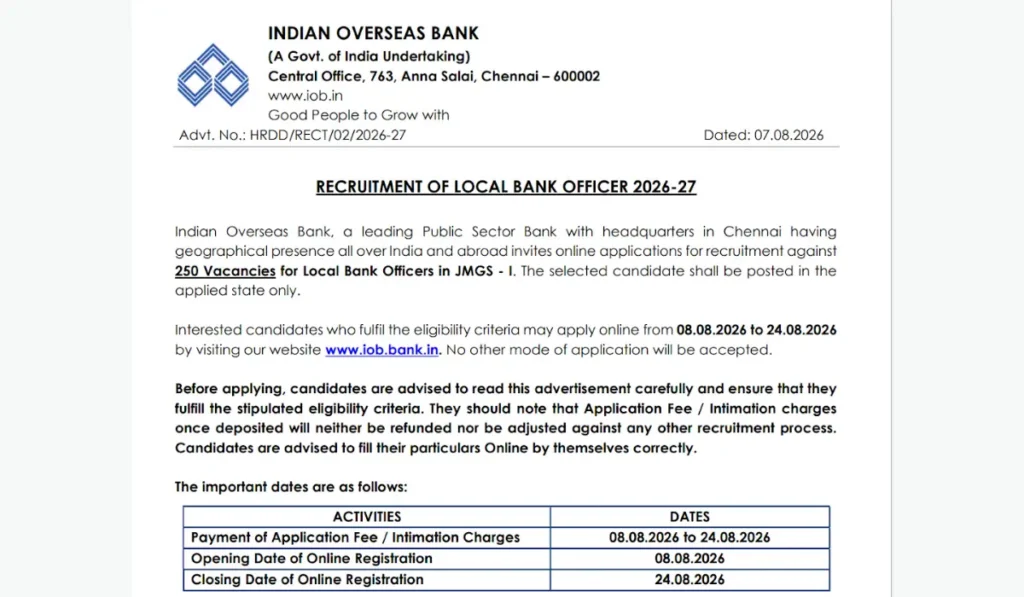 Indian Overseas Bank LBO Recruitment