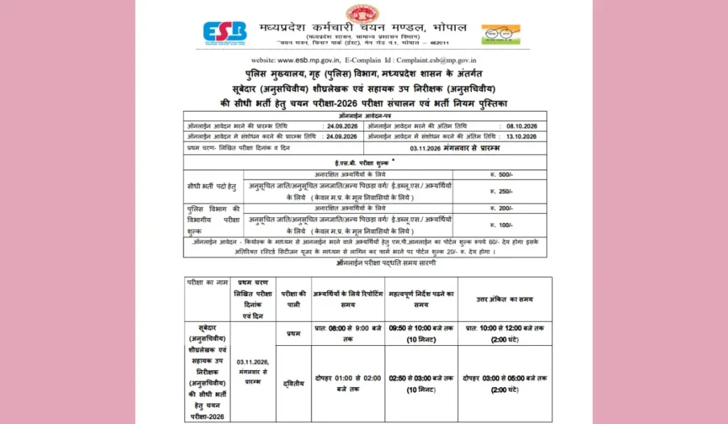 MP Police Subedar Steno and ASI Ministerial Recruitment 2026