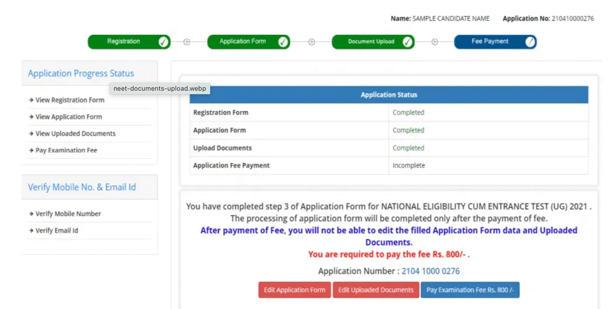 NEET Application Fee