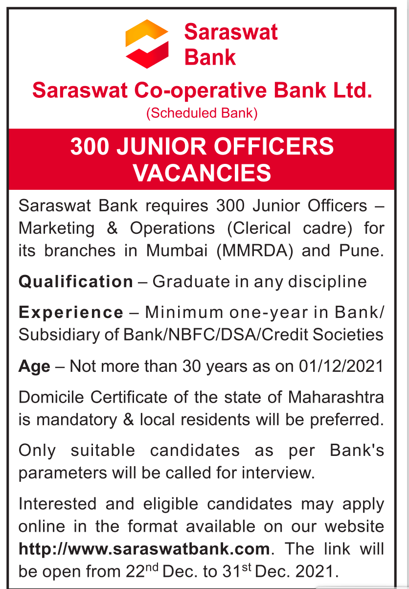 Saraswat Cooperative Bank Recruitment 2021, Apply Online For 300 Junior Officer Posts_50.1